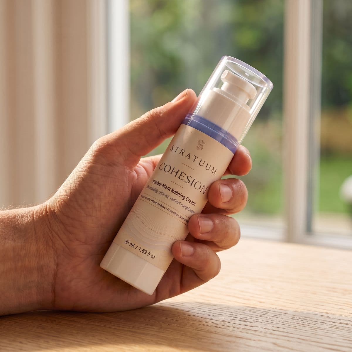 The Stratuum Cohesion 50 mL bottle held in hand for scale.